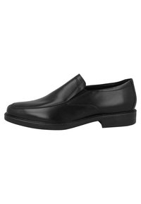 Chaussure slip-on en cuir noir avec une finition lisse, bout rond et petit talon. Présente des accents de couture subtils le long des côtés.