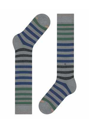 Graue Socken mit kräftigen horizontalen Streifen in Dunkelblau, Grün, Grau und Schwarz. Mit nahtlosem Zehenabschluss und verstärktem Fersenbereich.