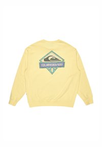 Yellow sweatshirt featuring a large, multicolored Quiksilver logo in a diamond shape on the back. Soft fabric and ribbed cuffs.