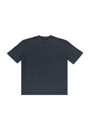 T-shirt à manches courtes gris foncé en tissu de coton. Il présente un col rond, une coupe droite et une petite étiquette logo à l'ourlet.