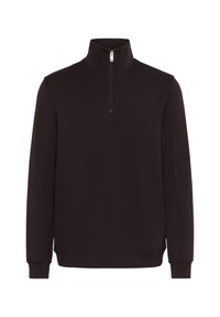 Schwarzer Pullover-Sweatshirt mit hohem Kragen, Reißverschluss in Viertellänge, langen Ärmeln, gerippten Bündchen und einer glatten, weichen Textur.