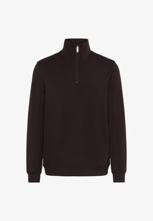 Sweatshirt noir à col haut, fermeture éclair quart de longueur, manches longues, poignets côtelés et texture lisse et douce.