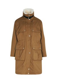 Parka marrone con colletto alto, foderato in pelliccia, bottoni a pressione e due grandi tasche frontali. Presenta una vita regolabile con cintura.
