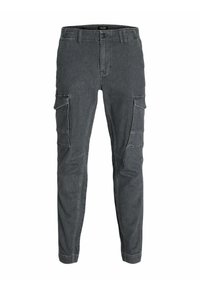 Pantalones cargo de denim gris con corte ajustado, que cuentan con dos bolsillos laterales, cierre de botón, trabillas para cinturón y puños en los tobillos.