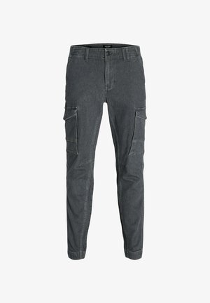 Pantaloni cargo in denim grigio con vestibilità slim, dotati di due tasche laterali, chiusura con bottone, passanti per cintura e polsini alla caviglia.