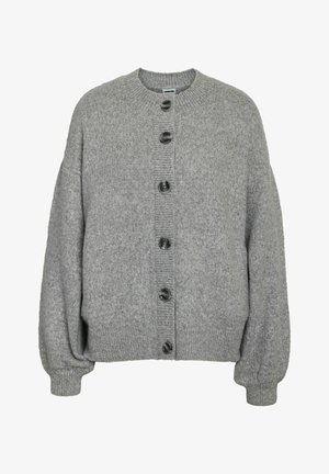 Grey knitted cardigan with long sleeves, ribbed cuffs and hem, round neckline, and six large dark buttons down the front.