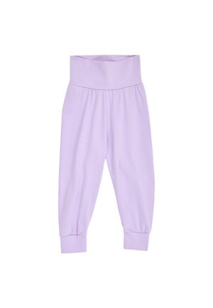 Pantalon en tissu doux de couleur lilas, taille haute, avec des poignets élastiques et une large ceinture, conçu pour le confort et la flexibilité.