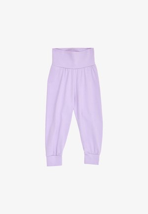 Pantalon en tissu doux de couleur lilas, taille haute, avec des poignets élastiques et une large ceinture, conçu pour le confort et la flexibilité.