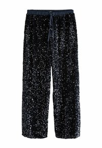 Black sequined pants with a loose fit, elastic waistband, and drawstring detail. The surface is covered in shiny, reflective sequins.