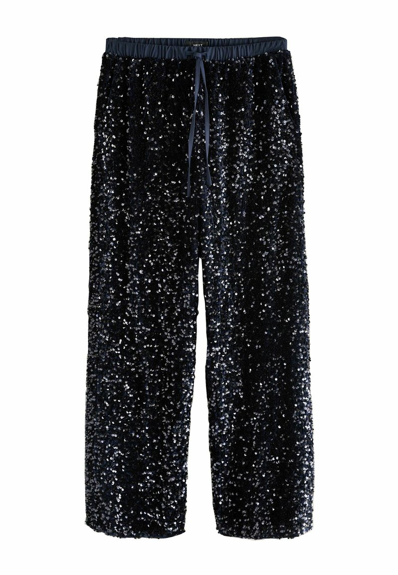 Black sequined pants with a loose fit, elastic waistband, and drawstring detail. The surface is covered in shiny, reflective sequins.