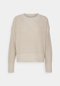 Maglione beige chiaro lavorato a maglia con texture a coste, scollatura rotonda e maniche larghe; lunghezza corta, con un design solido e senza cuciture.