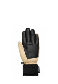 Miestos žiemos pirštinės su juodu delnu, šviesiai rudu nugariniu paviršiumi, reguliuojamu juodu riešu ir vandeniui atspariu ženklu.