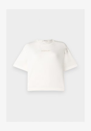 Valge lühikeste varrukatega t-särk pehmest kangast, ringikujulise kaelusega ja kuldse brodeeritud "REPLAY" logoga ees.