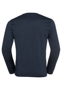 Mörkblå långärmad skjorta sedd från baksidan med rund halsringning och rak nederkant.