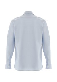 Hellblaues Langarmhemd mit Kragen, weichem Material, geradem Saum und knöpfbaren Manschetten. Die Rückansicht zeigt den glatten Stoff ohne Muster.