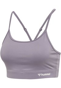 Lilac sports bra with thin adjustable straps crossing at the back and a small white Hummel logo on the bottom band.