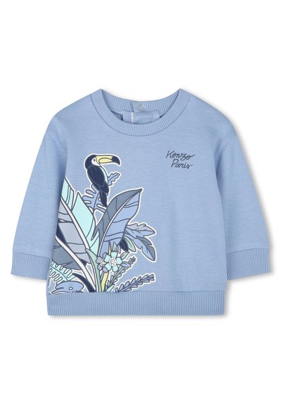 Lichtblauwe sweatshirt met een toekanafbeelding en tropische bladeren. Zachte textuur, ribgebreide manchet en zoom, met logo detail van "Kenzo Paris".
