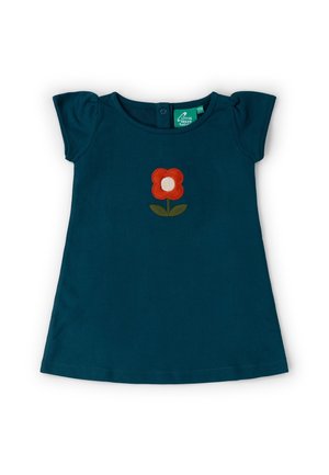 Dunkeltealfarbenes Kleinkindkleid mit kurzen Puffärmeln und einer roten Blume mit grünen Blättern, die in der Mitte bestickt ist.