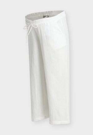 Witte lichte katoenen broek met elastische tailleband, trekkoord en zijzakken, weergegeven tegen een effen achtergrond.