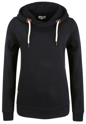 Sweatshirt à capuche bleu marine avec une coupe décontractée, fabriqué en tissu doux. Doté de cordons beiges et d'accents en cuir marron au niveau du col.