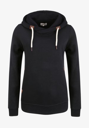 Sudadera con capucha azul marino de corte relajado, hecha de tela suave. Cuenta con cordones beige y detalles en cuero marrón en el escote.