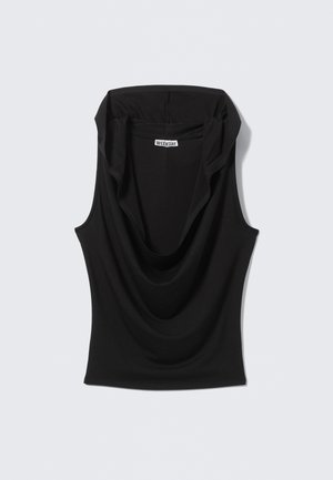 Sort ærmeløs top med draperet halsudskæring, lavet af blødt, strækbart stof. Har en løs pasform og minimalistisk design. Mærke synligt indeni.