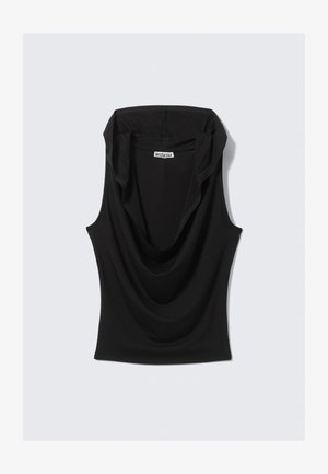 Black sleeveless top with a draped neckline, made of soft, stretchy fabric. Features a loose fit and minimalistic design. Label visible inside.