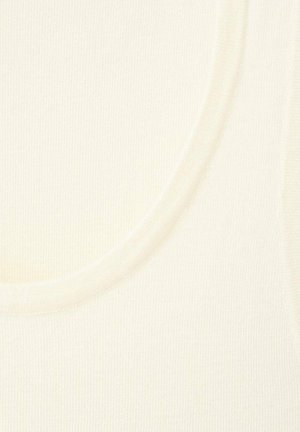 Kremowy prążkowany top na ramiączkach z okrągłym dekoltem i miękką teksturą. Materiał wydaje się elastyczny i lekki z delikatnymi detalami.