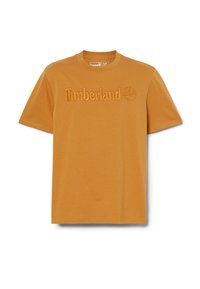 Korte mouwen mosterdgele T-shirt gemaakt van zachte katoen. Voorzien van reliëf "Timberland"-tekst en logo aan de voorkant. Eenvoudig, klassiek ontwerp.