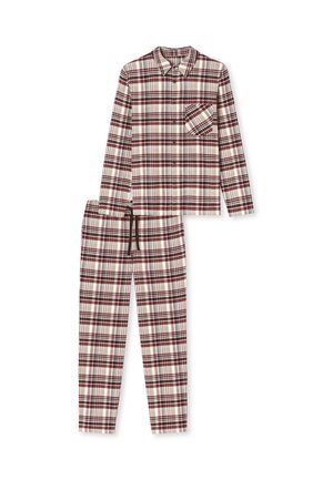Plaid nattrøjesæt i bourgognierød, creme og sort. Langærmet knaplukket skjorte med lomme, matchende bukser med snøre og elastisk liv.