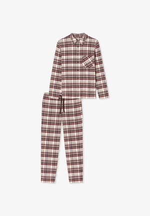 Plaid nattrøjesæt i bourgognierød, creme og sort. Langærmet knaplukket skjorte med lomme, matchende bukser med snøre og elastisk liv.