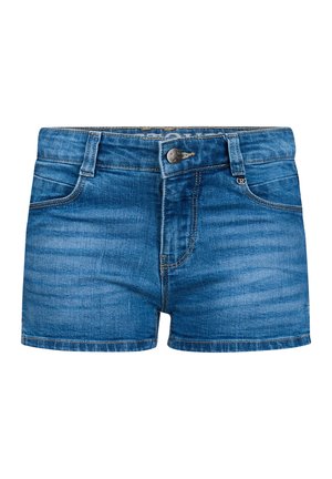 Niebieskie szorty jeansowe z przednim guzikiem, szlufkami na pasek i widocznym przeszyciem, prezentowane na białym tle.