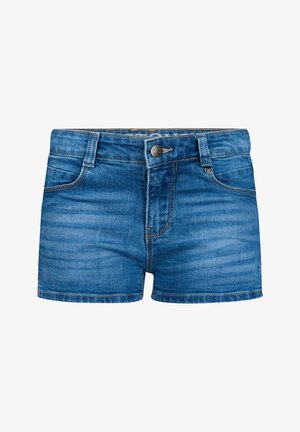 Blauwe denim shorts met knopen aan de voorkant, riemlussen en zichtbare stikseldetails, weergegeven op een witte achtergrond.
