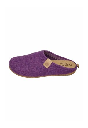 Purple slip-on wool felt slipper with brown sole and small leather tag on side, size 38, viewed from the outer side.
