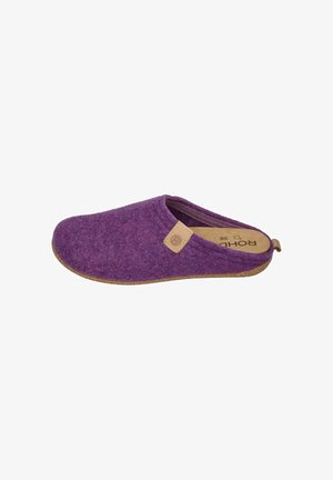 Purple slip-on wool felt slipper with brown sole and small leather tag on side, size 38, viewed from the outer side.