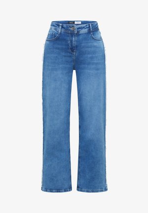 Modré džínové kalhoty s vysokým pasem, rovný střih nohavic, přední zapínání na knoflíky a zip, boční kapsy a třepené okraje po stranách.