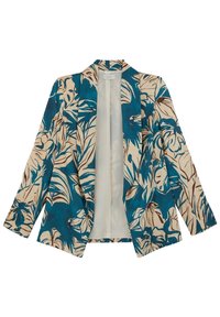 Blazer s květinovým vzorem v modrozelené a béžové barvě, vyrobený z lehké tkaniny, s otevřeným předním dílem a dlouhými rukávy, který má uvolněný střih.