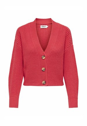 Koraalbrei cardigan met een V-hals, lange mouwen en drie grote knopen aan de voorkant. Voorzien van een textuurstof en een cropped ontwerp.