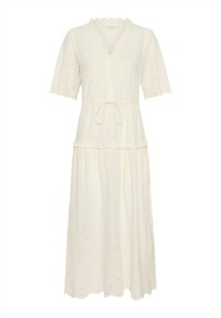 White cotton dress with short sleeves, button-front, and cinched waist. Features eyelet detailing and a scalloped hem. Lightweight fabric.