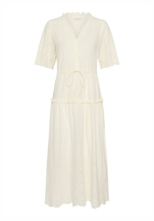 White cotton dress with short sleeves, button-front, and cinched waist. Features eyelet detailing and a scalloped hem. Lightweight fabric.