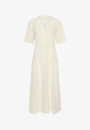 Vit bomullsklänning med korta ärmar, knappstängning fram och insvängd midja. Har ögldetaljer och en vågig nederkant. Lättviktsmaterial.