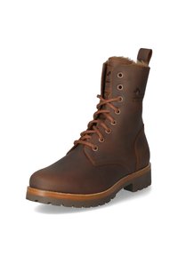Brązowy skórzany botek z sznurówkami, z futerkiem syntetycznym w środku, trwałą gumową podeszwą, wyściełanym kołnierzem oraz wytłoczonym logo po boku.