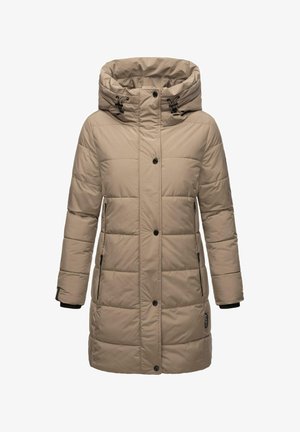 Beige padded coat with a high collar, drawstring hood, and front buttons. Features side pockets and a textured quilted pattern.
