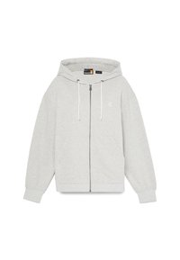Veste à zip grise avec capuche à cordon, poches kangourou et poignets côtelés. Présente un petit logo sur la zone gauche de la poitrine. Tissu doux.