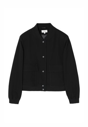 Černá bomber bunda z hladké látky, s žebrovaným límcem, zapínáním na knoflíky, dvěma předními kapsami a elastickými manžetami.