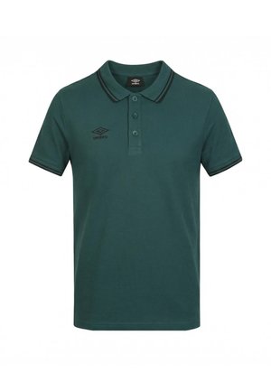 Polo manches courtes vert foncé avec des doubles bandes noires sur le col et les manches, trois boutons et petit logo Umbro sur la poitrine.