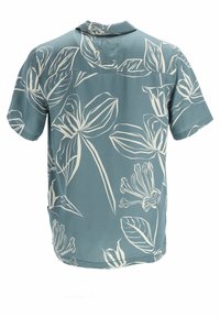 Chemise bleue à manches courtes avec motif floral blanc en contour vue de dos, avec un col décontracté et une coupe ample.
