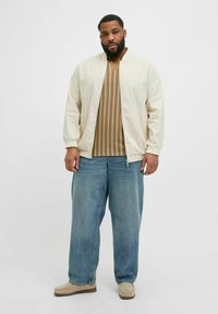 Light beige bomber jacket, vertical striped brown shirt, loose blue jeans, and beige loafers. Soft fabric, relaxed fit, and casual design.