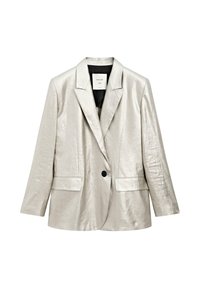 Zilveren metallic blazer met een gestructureerde afwerking, twee voorzakken, met een notch geknipte revers, een enkele knoopsluiting en een zwarte, gevoerde binnenkant.