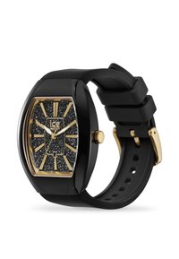 Schwarze rechteckige Uhr mit goldenen Akzenten, glänzendes schwarzes Zifferblatt, auffällige Stundenmarkierungen und einem flexiblen Gummiband. Goldene Krone ebenfalls vorhanden.